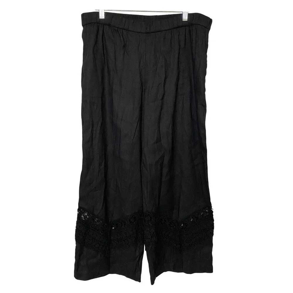Susan Graver Black Wide Leg Cropped Pants Lace Trim Elastic Waist Women's 16 EUC - Picture 9 of 15